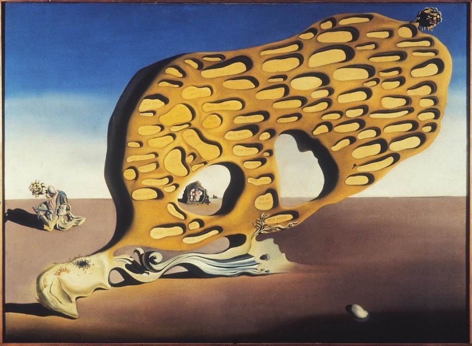 Painting of mostly barren blue and brown background with a large shape protruding from a sleeping figure on the ground.