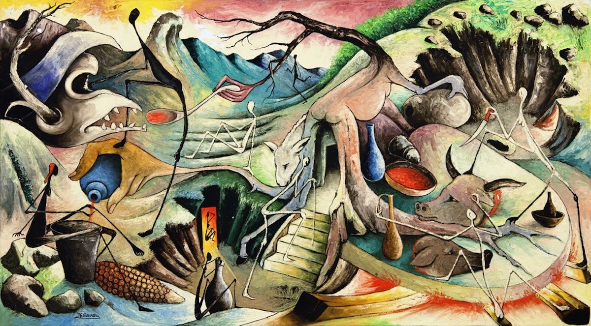 Painting of landscape with distorted animals and trees with human body parts.