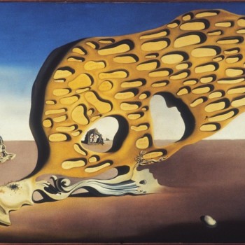 Painting of mostly barren blue and brown background with a large shape protruding from a sleeping figure on the ground.